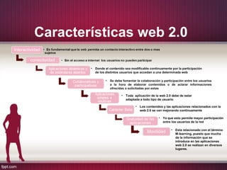 Características web 2.0
• Donde el contenido sea modificable continuamente por la participación
de los distintos usuarios que accedan a una determinada web
• Se debe fomentar la colaboración y participación entre los usuarios
a la hora de elaborar contenidos o de aclarar informaciones
ofrecidas o solicitadas por estas
• Toda aplicación de la web 2.0 debe de estar
adaptada a todo tipo de usuario
• Los contenidos y las aplicaciones relacionados con la
web 2.0 se van mejorando continuamente
• Ya que esto permite mayor participación
entre los usuarios de la red
• Esta relacionado con el término
M-learning, puesto que mucha
de la información que se
introduce en las aplicaciones
web 2.0 se realizan en diversos
lugares.
 