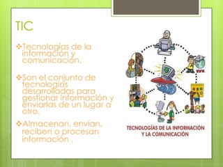 TIC
Tecnologías de la
información y
comunicación.
Son el conjunto de
tecnologías
desarrolladas para
gestionar información y
enviarlas de un lugar a
otro.

Almacenan, envían,
reciben o procesan
información .

 