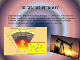 ORIGEN DEL PETROLEO
• El petróleo es uno de los hidrocarburos de origen fósil, fruto de la transformación
de materia orgánica procedente de zooplancton y algas que, depositados en grandes
cantidades en fondos anóxicos de mares o zonas lacustres del pasado geológico,
fueron posteriormente enterrados bajo pesadas capas de sedimentos.
 