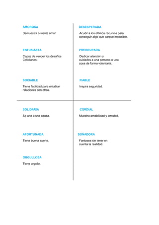 AMOROSA

DESESPERADA

Demuestra o siente amor.

Acudir a los últimos recursos para
conseguir algo que parece imposible.

ENTUSIASTA

PREOCUPADA

Capaz de vencer los desafíos
Cotidianos.

Dedicar atención y
cuidados a una persona o una
cosa de forma voluntaria.

SOCIABLE

FIABLE

Tiene facilidad para entablar
relaciones con otros.

Inspira seguridad.

SOLIDARIA

CORDIAL

Se une a una causa.

Muestra amabilidad y amistad.

AFORTUNADA
Tiene buena suerte.

ORGULLOSA
Tiene orgullo.

SOÑADORA
Fantasea sin tener en
cuenta la realidad.

 
