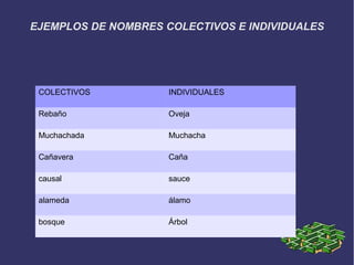 EJEMPLOS DE NOMBRES COLECTIVOS E INDIVIDUALES




 COLECTIVOS          INDIVIDUALES

 Rebaño              Oveja

 Muchachada          Muchacha

 Cañavera            Caña

 causal              sauce

 alameda             álamo

 bosque              Árbol
 