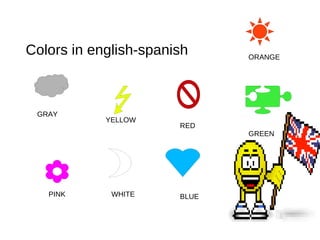 Colors in english-spanish GRAY YELLOW RED  ORANGE PINK WHITE BLUE GREEN 
