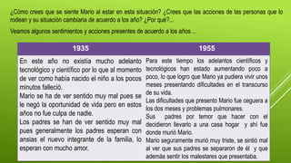 ¿Cómo crees que se siente Mario al estar en esta situación? ¿Crees que las acciones de las personas que lo
rodean y su situación cambiaria de acuerdo a los año? ¿Por qué?...
Veamos algunos sentimientos y acciones presentes de acuerdo a los años…
1935 1955
En este año no existía mucho adelanto
tecnológico y científico por lo que al momento
de ver como había nacido el niño a los pocos
minutos falleció.
Mario se ha de ver sentido muy mal pues se
le negó la oportunidad de vida pero en estos
años no fue culpa de nadie.
Los padres se han de ver sentido muy mal
pues generalmente los padres esperan con
ansias el nuevo integrante de la familia, lo
esperan con mucho amor.
Para este tiempo los adelantos científicos y
tecnológicos han estado aumentando poco a
poco, lo que logro que Mario ya pudiera vivir unos
meses presentando dificultades en el transcurso
de su vida.
Las dificultades que presento Mario fue ceguera a
los dos meses y problemas pulmonares.
Sus padres por temor que hacer con el
decidieron llevarlo a una casa hogar y ahí fue
donde murió Mario.
Mario seguramente murió muy triste, se sintió mal
al ver que sus padres se separaron de él y que
además sentir los malestares que presentaba.
 