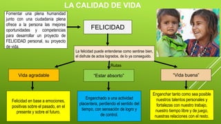 LA CALIDAD DE VIDA
Fomentar una plena humanidad
junto con una ciudadanía plena
ofrece a la persona las mejores
oportunidades y competencias
para desarrollar un proyecto de
FELICIDAD personal, su proyecto
de vida.
FELICIDAD
La felicidad puede entenderse como sentirse bien,
el disfrute de actos logrados, de lo ya conseguido.
Vida agradable “Estar absorto” “Vida buena”
Felicidad en base a emociones,
positivas sobre el pasado, en el
presente y sobre el futuro.
Enganchado a una actividad
placentera, perdiendo el sentido del
tiempo, con sensación de logro y
de control.
Enganchar tanto como sea posible
nuestros talentos personales y
fortalezas con nuestro trabajo,
nuestro tiempo libre y de juego,
nuestras relaciones con el resto.
Rutas
 