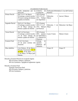 INFORMATICA 2 2
EXAMENES PARCIALES
Fecha propuestas por la
dirección
Criterios de
Evaluación
Fecha para Informática 2, Luz del Carmen
Ramírez
Primer Parcial Del 13 al 17 de Marzo
24 entrega a control escolar
30 marzo entrega de boletas
a padres de familia
50% Examen
25% T,T y P
25% Trabajo
de Algoritmos
Miércoles 1
Marzo
Jueves 2 Marzo
Segundo Parcial Del 8 al 12 de Mayo
19 entrega a control escolar
24 de Mayo entrega de
boletas a padres de familia
45% Examen
20% T, T y P
35% Manual
de Practicas
Miércoles 3 de
Mayo
Miércoles 3 de Mayo
Tercer Parcial Del 5 al 9 de Junio
12 entrega a control escolar
14 de Junio entrega de
boletas a padres de familia
40% Examen
60% apuntes
de Informática
2 y Manual de
Practicas
Lunes 5 Junio Martes 6 Junio
Examen Final 15 al 21 de Junio
23 de junio termino del
Semestre
Entrega de
Apuntes y
Practicas del
Semestre
Días inhábiles 6 de Febrero, 20 de Marzo,
Periodo Vacacional 3 al 18
de Abril, 28 de Abril, 1, 5 y
15 de Mayo, 10 Mayo para
Mamás.
Grupo 24 Grupo 25
Derecho a Examen Parcial sin excepción alguna
80% de tareas, trabajos y prácticas.
80% de Asistencia. Apegada al reglamente vigente.
Derecho a Examen Final
Entregar el proyecto final.
80% de tareas, trabajos y prácticas.
80% de Asistencia.
 