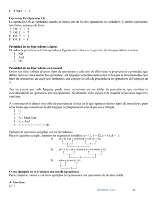 INFORMATICA 2 22
F AND F = F
Operador Or Operador Or
La operación OR da verdadero cuando al menos uno de los dos operadores es verdadero. Si ambos operadores
son falsos, entonces da falso.
T OR T = T
T OR F = T
F OR T = T
F OR F = F
Prioridad de los Operadores Lógicos
El orden de precedencia de los operadores lógicos entre ellos es el siguiente, de más precedente a menos:
1. Not
2. And
3. Or
Prioridad de los Operadores en General
Como has visto, existen diversos tipos de operadores y cada uno de ellos tiene su precedencia o prioridad, que
define cómo se van a asociar los operandos. Los lenguajes soportan expresiones en los que se relacionan diversos
tipos de operadores, en cuyo caso tendremos que conocer la tabla de precendecia de operadores del lenguaje en
sí.
Ten en cuenta que cada lenguaje puede tener variaciones en sus tablas de precedencia, que cambien la
asociatividad de los operadores con sus operandos. No obstante, todos siguen en la mayoría de los casos esquemas
similares.
A continuación te damos una tabla de precedencia clásica en la que aparecen distitos tipos de operadores, pero
sería bueno que consultases la del lenguaje de programación con el que vas a trabajar.
1. ( )
2. ^
3. *, /, Mod, Not
4. +, -, And
5. >, <, > =, < =, < >, =, Or
Ejemplo de operación compleja con su precedencia
Para el siguiente ejemplo, tenemos las suguientes variables: a = 10, b = 12, c = 13, d = 10.
Otros ejemplos de expresiones con uso de operadores
Para completar, vamos a ver otros ejemplos de expresiones con operadores de diversa índole.
Aritméticos
a = 3
 