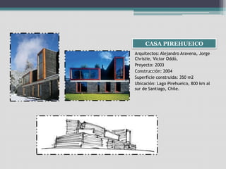 CASA PIREHUEICO 
Arquitectos: Alejandro Aravena, Jorge 
Christie, Victor Oddó, 
Proyecto: 2003 
Construcción: 2004 
Superficie construida: 350 m2 
Ubicación: Lago Pirehueico, 800 km al 
sur de Santiago, Chile. 
 