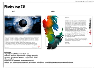 Laboratori d’Aplicacions Gràfiques

Photoshop CS
BETA

FINAL

Novedades
-Plugin “Camera RAW 2.x” incluido de raíz
-Comando “Sombras/Iluminaciones” (Shadow/Highlight)
-Comando corresponder/igualar a la color (Match Colour)
-Filtro Lens flare
-Histograma en tiempo-real (Real-Time Histogram)
-Sistema para detectar automáticamente la impresión de imágenes digitalizadas de algunos tipos de papel-moneda.

 