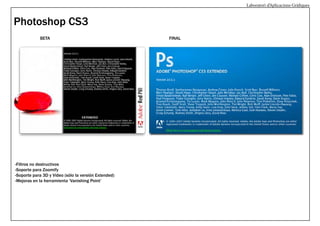 Laboratori d’Aplicacions Gràfiques

Photoshop CS3
BETA

-Filtros no destructivos
-Soporte para Zoomify
-Soporte para 3D y Video (sólo la versión Extended)
-Mejoras en la herramienta ‘Vanishing Point’

FINAL

 