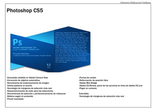Laboratori d’Aplicacions Gràfiques

Photoshop CS5

-Granulado añadido en Adobe Camera Raw
-Corrección de objetivo automática
-Herramienta de enderezamiento de imagen
-Viñeta posterior al recorte
-Tecnología de márgenes de selección más real
-Descontaminación de color para las selecciones
-Herramientas de selección y perfeccionamiento de máscaras
-Relleno según el contenido
-Pincel mezclador

-Puntas de cerdas
-Deformación de posición libre
-Adobe Mini Bridge
-Adobe CS Review, parte de los servicios en línea de Adobe CS Live
-Pegar en contexto
Extendida:
-Tecnología de márgenes de selección más real

 