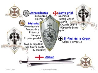 Antecedentes                     Santo grial
                       Comienzos                   Secretos
                       Valores                     Tumba Virgen
                                                     María
                 Historia                            Cruz de Cristo
             Organización                            Búsqueda Santo
              Fundación y                           grial
                  Primeros
                    tiempos
             El principio del                          El final de la Orden
                           fin                        Caída, Viernes 13
             Tras su expulsión
               de Tierra Santa
                      (Jerusalén)

                                Opinión



15/03/2012                  Alejandro Baldivieso                              3
 