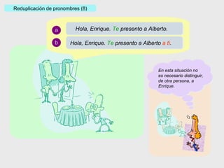 Reduplicación de pronombres (8) a b Hola, Enrique.  Te  presento a Alberto  a ti . Hola, Enrique.  Te  presento a Alberto.  En esta situación no es necesario distinguir, de otra persona, a Enrique. 