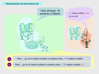 Reduplicación de pronombres (9) a b Pero... ¡yo no lo había invitado a nuestra cena…!  Te  había invitado  a ti . Pero… ¡yo no lo había invitado a nuestra cena…!  Te  había invitado.  Hola, Enrique. Te presento a Alberto. La  había invitado  a ella [y no a él]. 