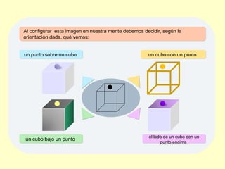 Al configurar  esta imagen en nuestra mente debemos decidir, según la orientación dada, qué vemos: un punto sobre un cubo  un cubo bajo un punto   un cubo con un punto   el lado de un cubo con un punto encima   