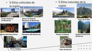 • 5 Sitios culturales de
la región
• 5 Sitios naturales de la
región
Centro Histórico
de Monterrey
Museo de Historia
Mexicana de Monterrey
Museo del Acero Horno Planetario Alfa Monterrey
Barrio Antiguo
Cerro de la SillaLa Huasteca
Parque el Sabinal Parque Cumbres de
Monterrey
Pozo de Gavinal
 