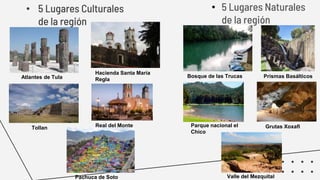 • 5 Lugares Culturales
de la región
• 5 Lugares Naturales
de la región
Atlantes de Tula
Hacienda Santa María
Regla
Tollan
Pachuca de Soto
Real del Monte
Prismas BasálticosBosque de las Trucas
Parque nacional el
Chico
Grutas Xoxafi
Valle del Mezquital
 