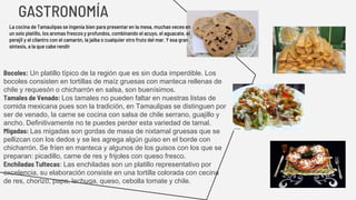 Bocoles: Un platillo típico de la región que es sin duda imperdible. Los
bocoles consisten en tortillas de maíz gruesas con manteca rellenas de
chile y requesón o chicharrón en salsa, son buenísimos.
Tamales de Venado: Los tamales no pueden faltar en nuestras listas de
comida mexicana pues son la tradición, en Tamaulipas se distinguen por
ser de venado, la carne se cocina con salsa de chile serrano, guajillo y
ancho. Definitivamente no te puedes perder esta variedad de tamal.
Migadas: Las migadas son gordas de masa de nixtamal gruesas que se
pellizcan con los dedos y se les agrega algún guiso en el borde con
chicharrón. Se fríen en manteca y algunos de los guisos con los que se
preparan: picadillo, carne de res y frijoles con queso fresco.
Enchiladas Tultecas: Las enchiladas son un platillo representativo por
excelencia, su elaboración consiste en una tortilla colorada con cecina
de res, chorizo, papa, lechuga, queso, cebolla tomate y chile.
GASTRONOMÍA
La cocina de Tamaulipas se ingenia bien para presentar en la mesa, muchas veces en
un solo platillo, los aromas frescos y profundos, combinando el acuyo, el aguacate, el
perejil y el cilantro con el camarón, la jaiba o cualquier otro fruto del mar. Y esa gran
síntesis, a la que cabe rendir
 