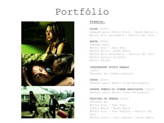 Portfólio
     Prémios:

     OSCAR (2003)
     Nomeado para: Melhor Atriz - Naomi Watts; e
     Melhor Ator Secundário - Benicio Del Toro

     BAFTA (2003)
     Nomeado para:
     Melhor Ator - Sean Penn
     Melhor Atriz - Naomi Watts
     Melhor Ator Secundário - Benicio Del Toro
     Melhor Roteiro Original
     Melhor Edição

     INDEPENDENT SPIRIT AWARDS
     (2003)
     Vencedor de: Prêmio especial

     CÉSAR (2003)
     Nomeado para: Melhor Filme Estrangeiro

     GRANDE PRÊMIO DO CINEMA BRASILEIRO (2003)
     Nomeado para: Melhor Filme Estrangeiro

     FESTIVAL DE VENEZA (2003)
     Vencedor de:
     Melhor Ator - Sean Penn
     Prêmio Wella - Naomi Watts
     Melhor Ator - Voto Popular - Benicio Del
     Toro
     Melhor Atriz - Voto Popular - Naomi Watts
 