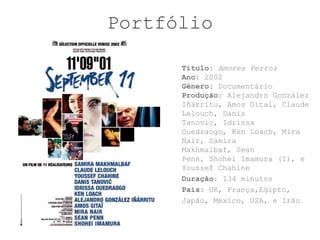 Portfólio

      Título: Amores Perros
      Ano: 2002
      Gênero: Documentário
      Produção: Alejandro González
      Iñárritu, Amos Gitai, Claude
      Lelouch, Danis
      Tanovic, Idrissa
      Ouedraogo, Ken Loach, Mira
      Nair, Samira
      Makhmalbaf, Sean
      Penn, Shohei Imamura (I), e
      Youssef Chahine
      Duração: 134 minutos
      País: UK, França,Egipto,
      Japão, México, USA, e Irão
 