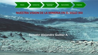 Senador Alejandro Guillier A.
NUESTRA VISION DE LA MINERIA EN EL SIGLO XXI
Historia Contexto Hoy
Crecimiento vs
Desarrollo
Oportunidades Propuestas
 