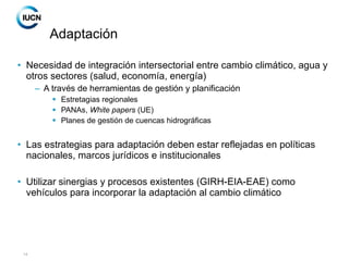 Adaptación Necesidad de integración intersectorial entre cambio climático, agua y otros sectores (salud, economía, energía) A través de herramientas de gestión y planificación Estretagias regionales PANAs,  White papers  (UE) Planes de gestión de cuencas hidrográficas Las estrategias para adaptación deben estar reflejadas en políticas nacionales, marcos jurídicos e institucionales Utilizar sinergias y procesos existentes (GIRH-EIA-EAE) como vehículos para incorporar la adaptación al cambio climático 