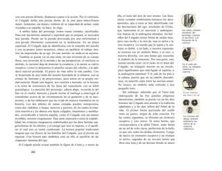 con una pierna delante, dispuesta a pasar a la acción. Por el contrario, 
el Colgado dobla una pierna detrás de la otra para inmovilizarse 
mejor. Asimismo, sus manos, símbolo de su capacidad de actuar, están 
cruzadas a su espalda: no hace, no elige. 
A ambos lados del personaje vemos ramas cortadas, sacrificadas. 
Para este nacimiento material o espiritual que se prepara, es necesaria 
una parada. Puede ser la parada provocada por una enfermedad o 
una parada libremente consentida en la meditación. En un plano 
espiritual, El Colgado deja de identificarse con la comedia del mundo 
y con su propio teatro neurótico; ofrece en sacrificio al trabajo inte-rior 
las inquietudes de su ego. En este sentido, su caída es un ascenso. 
También se puede ver en esta carta, en esta inversión de su cuerpo 
físico, una inversión de la mirada y de sus perspectivas: el intelecto es 
abolido, lo racional deja de dominar la conducta, y la mente se vuelve 
receptiva -como lo demuestra el amarillo oscuro del cabello- a la sabi-duría 
interior profunda. El punto de vista sobre la vida cambia. Uno 
se desprende de una visión del mundo heredada de la infancia, con su 
cortejo de ilusiones y de proyecciones, para entrar en su propia ver-dad 
esencial. Desde este ángulo, nos remitirá a menudo, en la lectura, 
a la toma de consciencia de los lazos del consultante con su árbol 
genealógico. La posición del personaje, cabeza abajo, recuerda la del 
feto en el vientre materno y puede incitar al tarólogo a interrogar al 
consultante acerca de las circunstancias de su gestación y de su naci-miento, 
o de los embarazos que ha vivido de manera traumática en su 
historia. Los dos árboles de ramas cortadas pueden interpretarse 
como dos «árboles» o linajes, materno y paterno, de los cuales la situa-ción 
neurótica y los abusos nos dejan colgados, impotentes y sacrifica-dos, 
escondiendo a nuestra espalda, como el Colgado con sus manos 
invisibles, secretos vergonzosos. Esta carta expresará a veces la culpabi-lidad, 
los crímenes imaginarios simbolizados por las doce heridas san-guinolentas 
de los árboles, y el castigo que uno se impone, o el sacrifi-cio 
al cual uno se siente condenado. La lectura popular tradicional 
imagina que cae dinero de los bolsillos del Colgado, que él pierde sus 
riquezas. Una lectura más simbólica verá en ello el sacrificio de las 
«riquezas» ilusorias del ego. 
El Colgado puede evocar también la figura de Cristo y, a través de 
220 
ella, el tema del don de uno mismo. Las doce 
ramas cortadas simbolizaría entonces los doce 
apóstoles, que a veces se han identificado con 
las desviaciones del ego, alrededor de Cristo, 
que representa el yo universal y andrógino. 
Las marcas de la androginia abundan: los bol-sillos 
del Colgado tienen forma de media luna, 
pero una recibe y la otra da, una es activa y la 
otra receptiva. La cuerda que lo sujeta y lo sos-tiene 
es doble: a un lado, a nuestra izquierda, 
se termina con un símbolo fálico, y al otro, a 
nuestra derecha, con una forma que recuerda 
el símbolo de lo femenino. Por otra parte, esta 
misma cuerda tiene, en el nudo en el talón del 
Colgado, un triángulo inscrito en un círculo, 
para significarnos que está ligado al espíritu, a 
la androginia espiritual. Y lo está de los pies a 
la cabeza, puesto que en su cabello descubri­mos, 
en amarillo claro entre las mechas amari­llo 
oscuro, un símbolo solar redondo y una 
pequeña luna. 
Sin embargo, sabiendo que el Tarot está 
impregnado de las tres grandes religiones 
monoteístas, también se puede ver en los diez 
botones del Colgado una alusión a la tradición 
cabalística y a las diez sefirot del Árbol de la 
vida. El primer botón partiendo del cuello 
tiene un punto, origen de toda creación. En 
los cuatro siguientes, se alternan un elemento 
receptivo y uno activo. El sexto botón, que 
correspondería a la sefirá Tiferet, tiene forma 
de un sol de ocho rayos, perfección de la belle-za 
que une todos los demás elementos. Luego, 
de nuevo un elemento receptivo y un elemen-to 
activo, seguidos de un noveno botón que 
lleva una luna y de un décimo donde se inscrí- 
Las ramas cortadas 
alrededor del 
personaje remiten 
al sacrificio, a la 
búsqueda de lo 
esencial. 
En el nudo del 
talón, un triángulo 
simboliza el 
espíritu. 
En ios cabeiíos, 
una lima y un sol. 
Los botones del 
abrigo podrían 
simbolizar las 
sefirot de la 
tradición 
cabalística. 
 