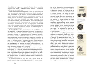 diversidad de las lenguas para separarlos. Se trata de una bendición 
más que de un castigo. Los hombres parten de nuevo a la conquista 
de la tierra y vuelven a labrarla. 
En las diferentes versiones del Tarot, la torre no tenía puerta. La 
labor de restauración ha permitido encontrar no sólo la puerta de la 
torre, sino también los tres peldaños iniciáticos que hasta ella condu-cen. 
En antiguos grabados alquímicos y en documentos masónicos, se 
ve esta torre con una puerta y unos escalones para ascender a ella, a 
veces siete, a veces tres. El iniciado debe aceptar primero el nuevo 
conocimiento, símbolo de la creación divina, luego saber conservarlo 
y, por último, soltarlo. Es el momento en que la puerta verde, símbolo 
de eternidad, adornada con una luna que simboliza la receptividad 
total, se abre, revelando el interior de la torre. Ésta ha sido comparada 
a veces con el atanor alquímico, el horno en que la materia prima se 
convierte en piedra filosofal. 
La Torre [La Maison Dieu, en francés] no es «la casa de Dios» sino 
«la Casa Dios». El Tarot nos indica muy claramente, con ladrillos de 
color carne, que esta torre es nuestro cuerpo y que nuestro cuerpo 
contiene la divinidad. La hoja entreabierta deja atisbar una luz amari-lla: 
el cuerpo está lleno de la luz de la Consciencia. Los personajes no 
están cayendo, todo lo contrario. Su cabello es amarillo, símbolo de la 
iluminación, y con la mano tocan las plantas verdes que crecen en el 
suelo. En realidad, honran la potencia de la Tierra. Tienen la cabeza 
hacia abajo, como el colgado del Arcano XII, porque ven el mundo de 
una manera nueva. El intelecto, la mente, mira directamente a la 
naturaleza. Uno de los personajes tiene los pies orientados hacia el 
cielo: sus pasos lo conducen hacia el espíritu. 
Los dos diablillos del Arcano XV se han humanizado y han realiza-do 
su ascenso. En el suelo, las manchas amarillas pueden interpretarse 
como ofrendas al templo, pepitas de oro. Los personajes han emergi-do 
de la caverna del inconsciente para honrar la Tierra con sus ofren-das 
y ayudar a la naturaleza. Traen la Consciencia al mundo, impreg-nan 
de ella el terreno. Por su acción, el paisaje se tiñe de azul cielo, de 
naranja y de verde oscuro. 
La entidad fulgurante que surge de la torre o penetra en ella, lla-marada, 
pájaro de fuego o relámpago, está unida a la corona almena- 
248 
da: no hay destrucción, sino transformación 
del poder material en fulguración espiritual. 
El andrógino diabólico del Arcano XV se ha 
convertido en una llama que se ha elevado por 
la columna vertebral y ha abierto el centro 
nervioso coronario para lanzarse hacia el cos-mos. 
Esta entidad lleva todos los colores de la 
tierra (amarillo, rojo, verde, carne, azul). Es 
una asunción. En ella se distingue una forma 
fetal que simboliza el germen de una nueva 
consciencia, la aportación de la raza humana 
al desarrollo del universo. Se anuncia la crea-ción 
de un nuevo ser que se concretará en La 
Estrella (XVII). El suelo enriquecido de colo-res 
se une a los personajes que salen de la 
Torre, del mismo modo en que la «llamarada» 
se une a la corona. 
La Torre, el Arcano XVI, sugiere el mismo 
tema que El Enamorado, Arcano VI: la unión. 
Aquí, si se acepta la homofonía, también sugie-re 
la unión de L´áme et son Dieu [el alma y su 
Dios]. Esta alianza produce gotas de colores 
como concentraciones de energía. En los textos 
sagrados indios, se dice que el conocimiento es 
como la leche, que, al batirla, acaba producien-do 
gotas de grasa en su superficie. Asimismo, 
estas gotas amarillas, rojas, azules y verdes que 
flotan en el aire expresan la danza de la alegría 
cósmica, como para decirnos que las estrellas 
son nuestras aliadas y que esperan nuestro des-pertar 
para aportarnos su energía. Este estallido 
cósmico representaría quizá los dibujos de las 
constelaciones existentes. Al igual que la Torre 
tiene, por su iluminación, un parecido con un 
faro, estos dibujos de constelaciones la convier-ten, 
si se quiere, en instrumento de navegación. 
Los tres escalones 
que conducen a la 
torre y las manchas 
amarillas en el 
suelo. 
La media luna 
verde, en la puerta. 
 