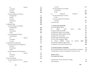 La Justicia 413 
La Estrella 414 
La Luna 415 
El Mundo 416 
Las otras parejas de La Fuerza: 
El Emperador 417 
El Papa 418 
El Carro 419 
El Ermitaño 420 
El Sol 421 
La Papisa-El Papa 422 
Las otras parejas de La Papisa: 
El Emperador 424 
El Carro 425 
El Ermitaño 426 
El Sol 427 
Las otras parejas de El Papa: 
La Emperatriz 428 
La Justicia 429 
La Estrella 430 
La Luna 432 
La Emperatriz-El Emperador 433 
Las otras parejas de La Emperatriz: 
El Carro 434 
El Ermitaño 435 
El Sol 436 
Las otras parejas de El Emperador: 
La Justicia 437 
La Estrella 438 
La Luna 439 
El Carro-La Estrella 440 
Las otras parejas de El Carro: 
La Justicia 442 
608 
La Luna 443 
Las otras parejas de La Estrella: 
El Ermitaño 444 
El Sol 445 
La Justicia-El Ermitaño 446 
Las otras parejas de La Justicia: 
El Sol 449 
Las otras parejas de El Ermitaño: 
La Luna 450 
La Luna-El Sol 451 
3. Los pares que suman XXI 453 
El Loco-El Mundo (XXI) 454 
El Mago (I)-El Juicio (XX) 455 
La Papisa (II)-El Sol (XVIIII) 455 
La Emperatriz (III)-La Luna (XVIII) 456 
El Emperador (IIII)-La Estrella (XVII) 457 
El Papa (V)-La Torre (XVI) 457 
El Enamorado (VI)-El Diablo (XV) 458 
El Carro (VII)-Templanza (XIIII) 459 
La Justicia (VIII)-El Arcano sin nombre (XIII) 460 
El Ermitaño (VIIII)-El Colgado (XII) 460 
La Rueda de Fortuna (X)-La Fuerza (XI) 461 
4. Sucesión numérica y translación 463 
De la recepción hacia la acción, de la acción hacia la recepción 464 
Translación de una serie de símbolos de un arcano a otro 467 
Quinta parte. 
La lectura del Tarot 
Introducción. Cómo convertirse en espejo 477 
Para comenzar 495 
609 
 