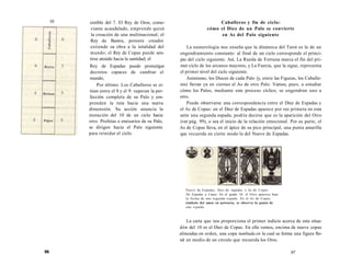 10 sistible del 7. El Rey de Oros, come-ciante 
acaudalado, emprende quizá 
la creación de una multinacional; el 
Rey de Bastos, potente creador 
extiende su obra a la totalidad del 
mundo; el Rey de Copas puede sen-tirse 
atraído hacia la santidad; el 
Rey de Espadas puede promulgar 
decretos capaces de cambiar el 
mundo, 
Por último. Los Caballeros se si-túan 
entre el 8 y el 9: superan la per-fección 
completa de su Palo y em-prenden 
la ruta hacia una nueva 
dimensión. Su acción anuncia la 
mutación del 10 de un ciclo hacia 
otro. Profetas o emisarios de su Palo, 
se dirigen hacia el Palo siguiente 
para reinidar el ciclo. 
96 
Caballeros y fin de ciclo: 
cómo el Diez de un Palo se convierte 
en As del Palo siguiente 
La numerología nos enseña que la dinámica del Tarot es la de un 
engendramiento constante: al final de un ciclo corresponde el princi-pio 
del ciclo siguiente. Así, La Rueda de Fortuna marca el fin del pri-mer 
ciclo de los arcanos mayores, y La Fuerza, que la sigue, representa 
el primer nivel del ciclo siguiente. 
Asimismo, los Dieces de cada Palo (y, entre las Figuras, los Caballe-ros) 
llevan ya en ciernes el As de otro Palo. Vamos, pues, a estudiar 
cómo los Palos, mediante este proceso cíclico, se engendran uno a 
otro. 
Puede observarse una correspondencia entre el Diez de Espadas y 
el As de Copas: en el Diez de Espadas aparece por vez primera en esta 
serie una segunda espada; podría decirse que es la aparición del Otro 
(ver pág. 99), o sea el inicio de la relación emocional. Por su parte, el 
As de Copas lleva, en el ápice de su pico principal, una punta amarilla 
que recuerda en cierto modo la del Nueve de Espadas. 
Nueve de Espadas, Diez de tapadas y As de Copas. 
De Espadas a Copas. En el grado 10. el Otro aparece bajo 
la forma de una segunda espada. En el As de Copas, 
símbolo del amor en potencia, se observa la punta de 
una espada. 
La carta que nos proporciona el primer indicio acerca de esta situa-dón 
del 10 es el Diez de Copas. En ella vemos, encima de nueve copas 
alineadas en orden, una copa tumbada en la cual se forma una figura flo-ral 
en medio de un círculo que recuerda los Oros. 
97 
 