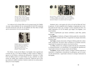 Diez de Copas y As de Oros. 
De Copas a Oros. El disco acuñado 
con una flor que cierra la décima 
copa anuncia la mutación del Diez 
de Copas en el As de Oros. 
Los indicios de los demás Palos nos los proporcionan los Caballe-ros, 
que, como acabamos de ver, corresponden al nivel 8-9 y anuncian 
la acción del fin de ciclo del 10. El Caballero de Oros lleva un basto 
que se convertirá en As de la serie de Bastos. 
Caballero de Oros y As de Bastos. 
De Oros a Bastos. El Caballero 
nos aporta un indicio muy claro: 
sigue con la mirada el oro 
espiritualizado que flola como 
un astro, y lleva un basto. 
Por último, el paso de los Bastos a las Espadas viene sugerido por 
el hecho de que, en el Diez de Bastos, el basto central se duplica, y 
aparece un eje blanco, sinónimo de sublimación. Asimismo, el Caba- 
Uero de Bastos monta un corcel blanco al que, mediante un movi-miento 
de rodilla, hace cambiar de dirección. Obsérvese que la flor 
que adorna la rodilla recuerda el adorno central de la corona atrave-sada 
por el As de Espadas. 
98 
Diez de Bastos, Caballero de Bastos y As de Espadas. 
De Bastos a Espadas. Un eje blanco en el Diez de Bastos 
v la montura blanca del Caballero indican la sublimación 
final de los Bastos y su mutación hacia las Espadas. 
Asistimos, pues, a una especie de ciclo en el cual los Palos del Tarot 
se generan: el ciclo cumplido de las Espadas es impulsado por el pri-mer 
grado de las Copas, que, al llegar a su fin, engendra los Oros, los 
cuales engendran a su vez los Bastos, que llegan a las Espadas, y así 
sucesivamente. 
Dada la significación que hemos atribuido a cada Palo, podría 
decirse que: 
Las Espadas, el intelecto, al llegar al último grado de su desarrollo, 
descubrirán la existencia del Otro y requerirán la energía emocional, 
la de las Copas. 
Las Copas, energía emocional, al llegar al último grado de su desa-rrollo, 
producirán una nueva vida o actuarán en el mundo concreto, 
requiriendo la energía de la materia viva, la de los Oros. 
Los Oros, materia viva, al llegar al grado más alto de su desarrollo, 
se metamorfosearán y se enfrentarán a la necesidad de reproducirse, 
requiriendo entonces la energía creativa de los Bastos. 
Los Bastos, energía sexual y creativa, al llegar al último grado de su 
desarrollo, se duplicarán y descubrirán la androginia, que es la esen-cia 
del pensamiento, requiriendo entonces la energía intelectual de 
las Espadas. 
99 
 