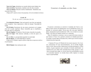 Nueve de Copas. abandonar un mundo afectivo para fundar otro. 
Nueve de Oros. Nacimiento, también como fin de un mundo. 
Nueve de Bastos. Elección creativa fundamental. Abandonar una 
cosa para hacer otra. 
Peligro del 9: sumirse en una crisis perpetua, vivir en la soledad y la tristeza 
Grado 10 
Fin de un ciclo y principio de otro 
X La Rueda de Fortuna. Todo está inmóvil, pero hay una manivela. 
Ciclo completo. Gran experiencia y falta de energía. Necesidad de 
ayuda. 
XX El Juicio. Nacimiento de una nueva conciencia en la acepta-ción 
de la ayuda espiritual. Deseo irresistible que se manifiesta y 
asciende hacia su realización. 
Diez de Espadas. El intelecto, lleno de amor, descubre la escucha. 
Diez de Copas. Vida amorosa realizada, es hora de pasar a la 
acción. 
Diez de Oros. La prosperidad engendra la creatividad. 
Diez de Bastos. La creatividad llega al espíritu. 
Peligro del 10; bloqueo, negarse a pasar a algo nuevo en que uno vuelva a 
ser principiante, 
XXI El Mundo. Gran realización total. 
106 
3 
Construir el mándala en diez fases 
El ejercicio consistente en construir el mándala del Tarot es sin 
duda la mejor manera de familiarizarse con la totalidad del juego y de 
absorber su estructura global. Prevea para ello una gran superficie 
plana y despejada de aproximadamente 1,80 x 2 m; lo ideal es un suelo 
limpio. Una mesa de tamaño normal no es suficiente. 
Nota: El mándala se construye como un espejo del mismo modo en 
que leemos el Tarot. Si se quisiera construir un mándala parecido a 
un templo oriental (ver la Introducción), habría que invertir las pola-ridades 
derecha/izquierda. 
1. Sacamos El Loco y El Mundo de los arcanos mayores. En el cen-tro, 
colocaremos El Loco horizontalmente, con la mirada dirigida 
hacia el cielo (hacia arriba). Representa la energía primigenia, el Dios 
interior, el gran arquitecto que sostendrá el mundo manifestado. La 
mirada de El Loco debe estar orientada hacia arriba, porque si estu-viera 
orientada hacia abajo se volvería hacia las profundidades oscuras 
y la densidad material. La mirada hacia arriba impulsa la energía 
hacia la espiritualidad. 
l07 
 