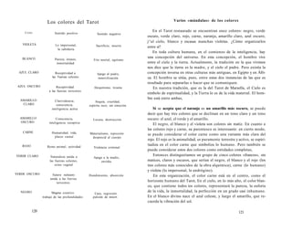 Los colores del Tarot 
Color 
VIOLETA 
BLANCO 
AZUL CLARO 
AZUL OSCURO 
AMARILLO 
CLARO 
AMARILLO 
OSCURO 
CARNE 
ROJO 
VERDE CLARO 
VERDE OSCURO 
NEGRO 
Sentido positivo 
Lo impersonal, 
la sabiduría 
Pureza, éxtasis, 
inmortalidad 
Receptividad a 
las Tuerzas celestes 
Receptividad 
a las fuerzas terrestres 
Clarividencia, 
consciencia, 
inteligencia activa 
Consciencia, 
inteligencia receptiva 
Humanidad, vida, 
placer carnal 
Reino animal. actividad 
Naturaleza unida a 
las fuerzas celestes, 
reino vegetal 
Natura nalutans 
unida a las futrías 
terrestres 
Magma creativo. 
Sentido negativo 
Sacrificio, muerte 
Frío mortal, egoísmo 
Apego al padre, 
inmovilización 
Despotismo, tiranta 
Sequía, crueldad, 
espíritu seco, sin emoción 
Locura, destrucción 
Materialismo, represión. 
desprecid al cuerpo 
Violencia criminal 
Apego a la madre, 
envidia 
Hundimiento, absorción 
Caos, regresión. 
trabajo de las profundidades pulsión de mtiert 
120 
Varios «mándalas» de los colores 
En el Tarot restaurado se encuentran once colores: negro, verde 
oscuro, verde claro, rojo, carne, naranja, amarillo claro, azul oscuro, 
j^ul cielo, blanco y escasas manchas violetas. ¿Cómo organizarlos 
entre sí? 
En toda cultura humana, en el comienzo de la inteligencia, hay 
una concepción del universo. En esta concepción, el hombre vive 
entre el cíelo y la tierra. Actualmente, la tradición en la que vivimos 
nos dice que la tierra es la madre, y el cielo el padre. Pero existía la 
concepción inversa en otras culturas más antiguas, en Egipto y en Áfri­ca. 
El hombre se sitúa, pues, entre estas dos instancias de las que es 
resultado para separarlas o hacer que se comuniquen. 
En nuestra tradición, que es la del Tarot de Marsella, el Cielo es 
símbolo de espiritualidad, y la Tierra lo es de la vida material. El hom­bre 
está entre ambas, 
Si se acepta que el naranja es un amarillo más oscuro, se puede 
decir que hay tres colores que se declinan en un tono claro y un tono 
oscuro: el azul, el verde y el amarillo. 
El negro, el blanco y el violeta son colores sin matiz. En cuanto a 
los colores rojo y carne, su parentesco es interesante: en cierto modo, 
se puede considerar el color carne como una variante más clara del 
rojo. El rojo es la animalidad, es puramente terrestre y activo, se espiri­tualiza 
en el color carne que simboliza lo humano. Pero también se 
puede considerar estos dos colores como entidades completas, 
Entonces distinguiríamos un grupo de cinco colores «francos», sin 
matices, claros y oscuros, que serían el negro, el blanco y el rojo (los 
tres colores más conocidos de la obra alquímica), carne (lo humano) 
y violeta (lo impersonal, lo andrógino). 
En esta organización, el color carne está en el centro, como el 
horizonte humano del Tarot, En el cielo, en lo más alto, el color blan­co, 
que contiene todos ios colores, representará la pureza, la euforia 
de la vida, la inmortalidad, la perfección en un grado casi inhumano. 
En el blanco divino nace el azul celeste, y luego el amarillo, que re­cuerda 
la vibración del sol. 
121 
 