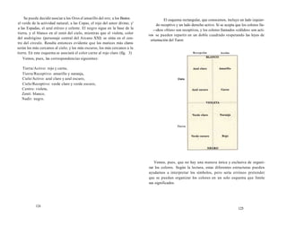 Se puede decidir asociar a los Oros el amarillo del oro; a los Bastos 
el verde de la actividad natural; a las Copas, el rojo del amor divino; y' 
a las Espadas, el azul etéreo y celeste. El negro sigue en la base de la 
tierra, y el blanco en el zenit del cielo, mientras que el violeta, color 
del andrógino (personaje central del Arcano XXI) se sitúa en el cen-tro 
del círculo. Resulta entonces evidente que los matices más claros 
serán los más cercanos al cielo; y los más oscuros, los más cercanos a la 
tierra. En este esquema se asociará el color carne al rojo claro (fig. 3) 
Vemos, pues, las correspondencias siguientes: 
Tierra/Activo: rojo y carne, 
Tierra/Receptivo: amarillo y naranja, 
Cielo/Activo: azul claro y azul oscuro, 
Cielo/Receptivo: verde claro y verde oscuro, 
Centro: violeta, 
Zenit: blanco, 
Nadir: negro. 
124 
El esquema rectangular, que conocemos, incluye un lado izquier-do 
receptivo y un lado derecho activo. Si se acepta que los colores lla- 
­­dos 
«fríos» son receptivos, y los colores llamados «cálidos» son acti-vos 
se pueden repartir en un doble cuadrado respetando las leyes de 
orientación del Tarot: 
Recepción Acción 
Cielo 
Tierra 
Vemos, pues, que no hay una manera única y exclusiva de organi-zar 
los colores. Según la lectura, estas diferentes estructuras pueden 
ayudarnos a interpretar los símbolos, pero sería erróneo pretender 
que se puedan organizar los colores en un solo esquema que limite 
sus significados. 
125 
 