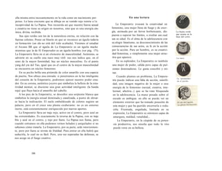 ella misma entra incesantemente en la vida como un nacimiento per-petuo. 
La luna creciente que se dibuja en su vestido rojo remite a 1a 
receptividad de La Papisa. Nos recuerda así que nuestra fuerza sexual 
y creativa no tiene su origen en nosotros, sino que es una energía cós-mica, 
divina, recibida. 
Sus ojos verdes son los de la naturaleza eterna, en relación con las 
fuerzas celestes. Posee un blasón en que se reconoce un águila todavía 
en formación (un ala no está del todo acabada). Veremos al estudiar 
el Arcano IIII que el águila de La Emperatriz es un águila macho 
mientras que la de El Emperador es un águila hembra (ver pág. 171). 
La Emperatriz lleva en sí un elemento de masculinidad. Asimismo, se 
advierte en su cuello una nuez muy viril: eso nos indica que, en el 
seno de la mayor feminidad, hay un núcleo masculino. Es el punto 
yang del yin del Tao, igual que en el centro de la mayor masculinidad 
se encuentra un núcleo femenino. 
En su pecho brilla una pirámide de color amarillo con una especie 
de puerta. Nos ofrece una entrada: si penetramos en la luz inteligente 
del corazón de la Emperatriz, podremos ejercer nuestro poder crea-dor. 
En su corona, auténtico joyero que simboliza la belleza de la crea-tividad 
mental, se discierne una gran actividad inteligente (la banda 
roja) que fluye hacia el amarillo del cabello. 
A los pies de la Emperatriz, se descubre una serpiente blanca que 
simboliza la energía sexual dominada y canalizada, a punto de elevar-se 
hacia la realización. El suelo embaldosado de colores sugiere un 
palacio, pero en él crece una planta exuberante: no es un entorno 
inerte, está constantemente enriquecido por nuevos aportes. 
La Emperatriz lleva un traje rojo, activo en el centro, pero azul en 
las extremidades. Es exactamente la inversa de la Papisa, con su traje 
frío y azul en el centro, y rojo por fuera. La Papisa nos llama, pero 
cuando entramos en ella podemos vernos helados y aniquilados si no 
sabemos cómo tratarla. La Emperatriz, por su parte, arde interiormen-te, 
pero por fuera se reviste de frialdad. Para entrar en ella habrá que 
seducirla, lo cual no es fácil. Pero, una vez superadas las defensas, se 
nos acoge en el fuego creativo. 
166 
En una lectura 
La Emperatriz evocará la creatividad en 
femenino, una mujer llena de fuego y de ener-gía, 
animada por un fervor borboteante, dis-puesta 
a superar los límites, a exultar sea cual 
sea su edad. Es el alma de la adolescencia con 
su alegre fanatismo, su desconocimiento de las 
consecuencias de sus actos, su fe en la acción 
por la acción. Para un hombre, es su creativi-dad 
femenina, o simplemente una mujer atrac-tiva 
que aparece. 
En su esplendor, La Emperatriz es también 
una mujer de poder, cálida pero capaz de pul-siones 
dominadoras. Le gusta concebir y rei-nar. 
Cuando plantea un problema, La Empera-triz 
puede indicar una falta de acción, esterili-dad, 
una imagen negativa de la mujer o una 
energía de lo femenino (sexual, creativa, inte-lectual, 
afectiva...) que se ha visto bloqueada 
en la adolescencia. La mano posada sobre el 
escudo es ambigua: en ello se puede ver un 
elemento exterior que ha tomado posesión de 
esta mujer y que ha querido encerrarla o redu-cirla. 
Frustrada, engañada, limitada en su 
expresión, La Emperatriz es entonces capaz de 
amargura, maldad, venalidad... 
La Emperatriz, en la cúspide de su poten-cia 
productiva, nos enseña que todo lo vivo 
puede verse en su belleza. 
La hojita verde 
que asoma en la 
base del cetro. 
La nuez. 
La «pirámide» 
en ei pecho. 
 