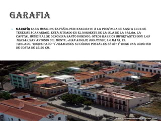  Garafía es un municipio español perteneciente a la provincia de Santa Cruz de
Tenerife (Canarias). Está situado en el noroeste de la isla de La Palma. La
capital municipal se denomina Santo Domingo. Otros barrios importantes son Las
Tricias, San Antonio del Monte, Juan Adalid, Don Pedro, La Mata, El
Tablado, "Roque Faro" y Franceses. Su código postal es 38787 y tiene una longitud
de costa de 25,50 km.
 