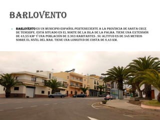  Barlovento es un municipio español perteneciente a la provincia de Santa Cruz
de Tenerife. Está situado en el norte de la isla de La Palma. Tiene una extensión
de 43,55 km² y una población de 2.363 habitantes . Su altitud es de 548 metros
sobre el nivel del mar. Tiene una longitud de costa de 6,43 km.
 