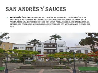  San Andrés y Sauces es un municipio español perteneciente a la provincia de
Santa Cruz de Tenerife. Está situado en el noreste de la isla canaria de La
Palma. Tiene una extensión de 42,75 km² y una población de 4.884 habitantes. La
altitud del centro del municipio (Los Sauces) es de 250 metros sobre el nivel del
mar.
 