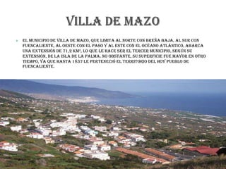  El municipio de Villa de Mazo, que limita al Norte con Breña Baja, al Sur con
Fuencaliente, al Oeste con El Paso y al Este con el Océano Atlántico, abarca
una extensión de 71,2 Km², lo que le hace ser el tercer municipio, según su
extensión, de la isla de La Palma. No obstante, su superficie fue mayor en otro
tiempo, ya que hasta 1837 le perteneció el territorio del hoy pueblo de
Fuencaliente.
 