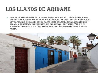  Está situado en el oeste de la isla de La Palma, en el Valle de Aridane, en la
vertiente de sotavento y de solana de la isla, lo que constituye una ubicación
muy favorable, además de que la parte oeste de la isla está bastante bien
regada y tiene menores pendientes que en las zonas restantes, y de ahí el
nombre de la ciudad. Con 20.895 habitantes es el municipio más poblado de La
Palma.
 