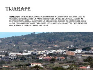  Tijarafe es un municipio canario perteneciente a la provincia de Santa Cruz de
Tenerife. Está situado en la parte Noroeste de la isla de La Palma. Limita al
norte con Puntagorda, al este con la sierra de la cumbre, al Oeste con el mar y
al Sur con los municipios de Tazacorte, Los Llanos de Aridane y El Paso. Tiene una
población de 2.765 habitantes (INE 2012).
 