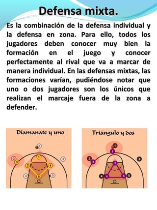Defensa mixta.Defensa mixta.
Es la combinación de la defensa individual yEs la combinación de la defensa individual y
la defensa en zona. Para ello, todos losla defensa en zona. Para ello, todos los
jugadores deben conocer muy bien lajugadores deben conocer muy bien la
formación en el juego y conocerformación en el juego y conocer
perfectamente al rival que va a marcar deperfectamente al rival que va a marcar de
manera individual. En las defensas mixtas, lasmanera individual. En las defensas mixtas, las
formaciones varían, pudiéndose notar queformaciones varían, pudiéndose notar que
uno o dos jugadores son los únicos queuno o dos jugadores son los únicos que
realizan el marcaje fuera de la zona arealizan el marcaje fuera de la zona a
defender.defender.
 