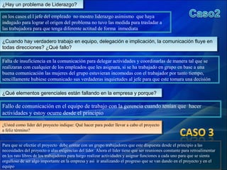 en los casos el l jefe del empleado no mostro liderazgo asimismo que haya
indagado para lograr el origen del problema no tuvo las medida para trasladar a
las trabajadora para que tenga diferente actitud de forma inmediata
¿Hay un problema de Liderazgo?¿Hay un problema de Liderazgo?
¿Cuando hay verdadero trabajo en equipo, delegación e implicación, la comunicación fluye en
todas direcciones? ¿Qué fallo?
¿Cuando hay verdadero trabajo en equipo, delegación e implicación, la comunicación fluye en
todas direcciones? ¿Qué fallo?
Falta de insuficiencia en la comunicación para delegar actividades y coordinarlas de manera tal que se
realizaran con cualquier de los empleados que les asignara, si se ha trabajado en grupo en base a una
buena comunicación las mujeres del grupo estuvieran incomodas con el trabajador por tanto tiempo,
sencillamente hubiese comunicado sus verdaderas inquietudes al jefe para que este tomara una decisión
¿Qué elementos gerenciales están fallando en la empresa y porque?¿Qué elementos gerenciales están fallando en la empresa y porque?
Fallo de comunicación en el equipo de trabajo con la gerencia cuando tenían que hacer
actividades y estoy ocurre desde el principio
Para que se efectúe el proyecto debe contar con un grupo trabajadores que este dispuesta desde el principio a las
necesidades del proyecto o alas exigencias del líder. Ahora el líder tiene que ser reuniones constante para retroalimentar
en los rato libres de los trabajadores para luego realizar actividades y asignar funciones a cada uno para que se sienta
orgulloso de ser algo importante en la empresa y asi ir analizando el progreso que se van dando en el proyecto y en el
equipo
Para que se efectúe el proyecto debe contar con un grupo trabajadores que este dispuesta desde el principio a las
necesidades del proyecto o alas exigencias del líder. Ahora el líder tiene que ser reuniones constante para retroalimentar
en los rato libres de los trabajadores para luego realizar actividades y asignar funciones a cada uno para que se sienta
orgulloso de ser algo importante en la empresa y asi ir analizando el progreso que se van dando en el proyecto y en el
equipo
¿Usted como líder del proyecto indique: Qué hacer para poder llevar a cabo el proyecto
a feliz término?
¿Usted como líder del proyecto indique: Qué hacer para poder llevar a cabo el proyecto
a feliz término?
 