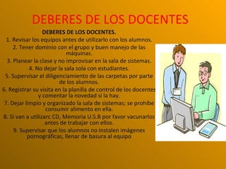 DEBERES DE LOS DOCENTES
                  DEBERES DE LOS DOCENTES.
  1. Revisar los equipos antes de utilizarlo con los alumnos.
     2. Tener dominio con el grupo y buen manejo de las
                            máquinas.
  3. Planear la clase y no improvisar en la sala de sistemas.
            4. No dejar la sala sola con estudiantes.
 5. Supervisar el diligenciamiento de las carpetas por parte
                        de los alumnos.
6. Registrar su visita en la planilla de control de los docentes
                y comentar la novedad si la hay.
 7. Dejar limpio y organizado la sala de sistemas; se prohíbe
                   consumir alimento en ella.
8. Si van a utilizarc CD, Memoria U.S.B por favor vacunarlos
                   antes de trabajar con ellos.
     9. Supervisar que los alumnos no instalen imágenes
           pornográficas, llenar de basura al equipo
 