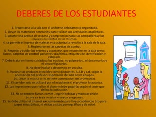 DEBERES DE LOS ESTUDIANTES
        1. Presentarse a la sala con el uniforme debidamente organizado.
  2. Llevar los materiales necesarios para realizar sus actividades académicas.
  3. Asumir una actitud de respeto y compromiso hacia sus compañeros y los
                          equipos existentes en las mismas.
 4. se permite el ingreso de maletas y se autoriza la revisión a la sala de la sala.
                      5. Registrarse en las carpetas de control.
  6. Respetar y cuidar los enseres y accesorios que encuentre en la sala como:
 forros, carpetas de control, parlantes; diademas, etiquetas de identificación y
                                       cableado.
7. Debe tratar en forma cuidadosa los equipos: no golpearlos., ni desarmarlos y
                                  ni desconfigurarlos.
                     8. No debe hablar a destiempo en voz alta.
    9. Vacunar las unidades extraíbles como disquettes, U.S.B y c.d. según la
           orientación del profesor responsable del uso de los equipos.
          10. Evitar la música si no se tiene autorización del profesor(a).
    11. El servidor solo se utilizará por el estudiante si el profesor lo autoriza.
  12. Las impresiones que realice el alumno debe pagarlas según el costo que
                                 defina la institución.
       13. No se permite fumar, comer , ingerir bebidas y masticar chicle.
                    14. No se debe instalar ni copiar programas.
15. Se debe utilizar el Internet exclusivamente para fines académicos ( no para
          juegos electrónicos, ni visitas a sitios pornográficos y de ocio).
 