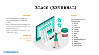 Max 5 new comments
every day.
Frequency
Search blogs discussing the
following themes:
• families
• travel,
• e-commerce
• start-ups,
• travel tech,
• sports,
• apps,
• tourism,
• gastronomy, eating out,
• mothers
• entertainment
• leisure activities
Themes
• Leave comments both as a John Doe and
SubastadeOcio linking back to individual
auctions.
• Make sure to switch accounts in order to avoid
spam/overuse, always look for new blogs and
their most recent posts.
• Reply to SubastadeOcio has John Doe, wait 2
weeks before replying.
“John Doe”
BLOGS (EXTERNAL)
www.alejandrotorr.es
 