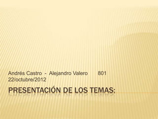 Andrés Castro - Alejandro Valero   801
22/octubre/2012

PRESENTACIÓN DE LOS TEMAS:
 