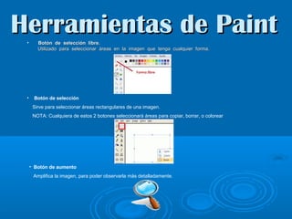 Herramientas de Paint
•

•

Botón de selección libre.
Utilizado para seleccionar áreas en la imagen que tenga cualquier forma.

Botón de selección
Sirve para seleccionar áreas rectangulares de una imagen.
NOTA: Cualquiera de estos 2 botones seleccionará áreas para copiar, borrar, o colorear

• Botón de aumento
Amplifica la imagen, para poder observarla más detalladamente.

 