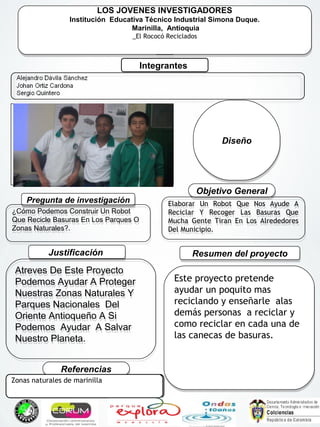 LOS JOVENES INVESTIGADORES
Institución Educativa Técnico Industrial Simona Duque.
Marinilla, Antioquia
_El Rococó Reciclados
_____
LOS JOVENES INVESTIGADORES
Institución Educativa Técnico Industrial Simona Duque.
Marinilla, Antioquia
_El Rococó Reciclados
_____
Integrantes
Pregunta de investigaciónPregunta de investigación
¿Cómo Podemos Construir Un Robot
Que Recicle Basuras En Los Parques O
Zonas Naturales?.
¿Cómo Podemos Construir Un Robot
Que Recicle Basuras En Los Parques O
Zonas Naturales?.
Este proyecto pretende
ayudar un poquito mas
reciclando y enseñarle alas
demás personas a reciclar y
como reciclar en cada una de
las canecas de basuras.
Este proyecto pretende
ayudar un poquito mas
reciclando y enseñarle alas
demás personas a reciclar y
como reciclar en cada una de
las canecas de basuras.
Resumen del proyectoResumen del proyectoJustificaciónJustificación
Atreves De Este Proyecto
Podemos Ayudar A Proteger
Nuestras Zonas Naturales Y
Parques Nacionales Del
Oriente Antioqueño A Si
Podemos Ayudar A Salvar
Nuestro Planeta.
Atreves De Este Proyecto
Podemos Ayudar A Proteger
Nuestras Zonas Naturales Y
Parques Nacionales Del
Oriente Antioqueño A Si
Podemos Ayudar A Salvar
Nuestro Planeta.
Objetivo GeneralObjetivo General
Elaborar Un Robot Que Nos Ayude A
Reciclar Y Recoger Las Basuras Que
Mucha Gente Tiran En Los Alrededores
Del Municipio.
Elaborar Un Robot Que Nos Ayude A
Reciclar Y Recoger Las Basuras Que
Mucha Gente Tiran En Los Alrededores
Del Municipio.
ReferenciasReferencias
DiseñoDiseñoFoto del grupo
.Zonas naturales de marinilla
 