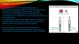 Altura
El profesor Daniel Schwekendiek de la
Universidad Sungkyunkwan de Seúl estudió las
alturas de refugiados norcoreanos cuando
cruzaban la frontera hacia Corea del Sur y
encontraron una diferencia promedio de entre 3 y
8 centímetros.
El experto señala que la diferencia de altura no
puede atribuirse a la genética, ya que las dos
poblaciones son iguales en este aspecto.
Es por eso que la escasez de alimentos es
considerado el factor principal de por qué los
norcoreanos tienen generalmente menor estatura.
 