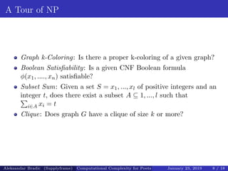 A Tour of NP
Graph k-Coloring: Is there a proper k-coloring of a given graph?
Boolean Satisﬁability: Is a given CNF Boolean formula
φ(x1, ...., xn) satisﬁable?
Subset Sum: Given a set S = x1, ..., xl of positive integers and an
integer t, does there exist a subset A ⊆ 1, ..., l such that
i∈A xi = t
Clique: Does graph G have a clique of size k or more?
Aleksandar Bradic (Supplyframe) Computational Complexity for Poets January 23, 2019 8 / 18
 